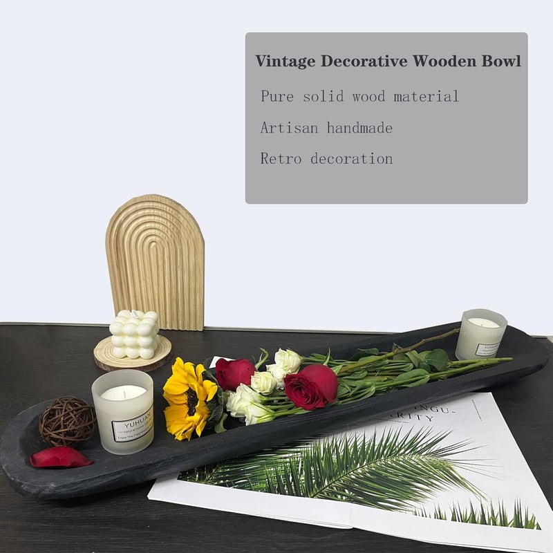BEDAZE Wooden Dough Bowls Decorative，Rustic Bread Long Bowls Decor Wood Tray, Hand Carved for Table Centerpiece Decor, Home Decor (30 * 6 * 2 inch Black) - Image 4
